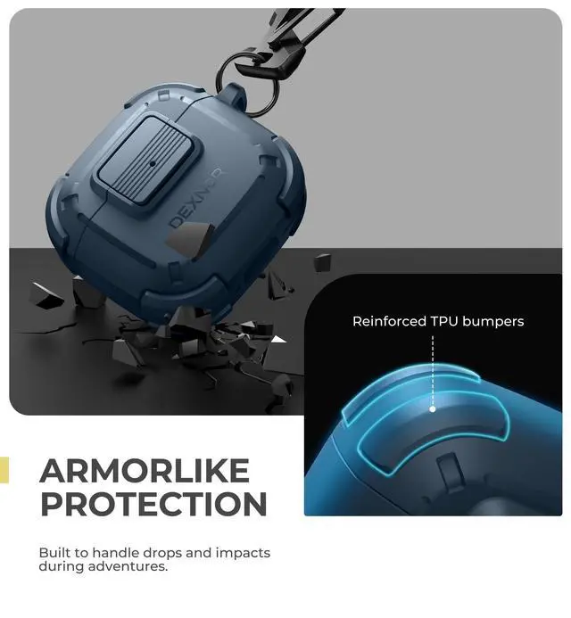 Alt view image 4 of 6 - for AirPods 4 Case with Drop-Proof Lock, Shockproof Rugged Bumper Cases Protective Cover with Carabiner & Keyring & Cleaner Kit for AirPods 4th Generation 2024 Blue