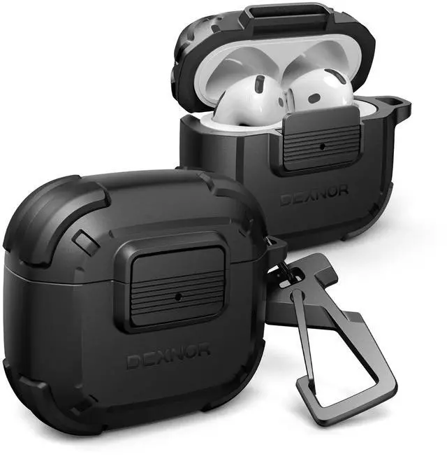 Main image of for AirPods 4 Case with Drop-Proof Lock, Shockproof Rugged Bumper Cases Protective Cover with Carabiner & Keyring & Cleaner Kit for AirPods 4th Generation 2024 Black