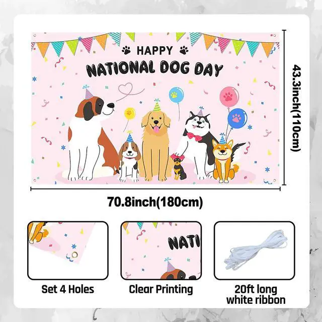 Alt view image 5 of 5 - Happy National Dog Day Banner - 70.8x43.3in Pink Party Banner with Cute Dogs, Balloons & Confetti for Pet Celebrations
