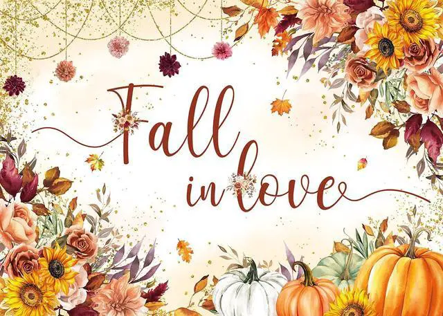 Alt view image 2 of 7 - Fall in Love Backdrop Autumn Watercolor Sunflower Floral Pumpkin Bridal Shower Photography Background Fall Wedding Engagement Anniversary Party Decorations Banner Photo Props (8x6FT)