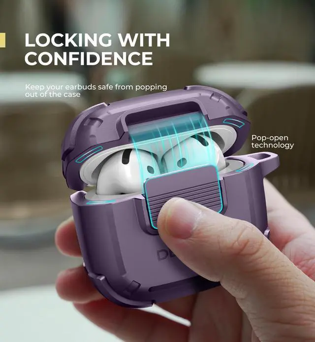 Alt view image 3 of 6 - for AirPods 4 Case with Drop-Proof Lock, Shockproof Rugged Bumper Cases Protective Cover with Carabiner & Keyring & Cleaner Kit for AirPods 4th Generation 2024 Purple