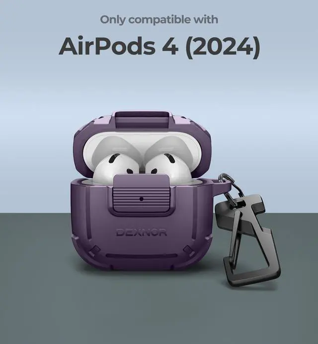 Alt view image 2 of 6 - for AirPods 4 Case with Drop-Proof Lock, Shockproof Rugged Bumper Cases Protective Cover with Carabiner & Keyring & Cleaner Kit for AirPods 4th Generation 2024 Purple