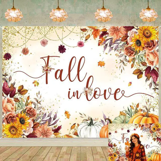 Main image of Fall in Love Backdrop Autumn Watercolor Sunflower Floral Pumpkin Bridal Shower Photography Background Fall Wedding Engagement Anniversary Party Decorations Banner Photo Props (8x6FT)