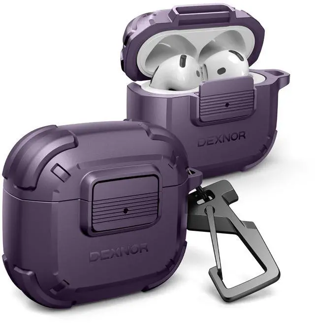 Main image of for AirPods 4 Case with Drop-Proof Lock, Shockproof Rugged Bumper Cases Protective Cover with Carabiner & Keyring & Cleaner Kit for AirPods 4th Generation 2024 Purple