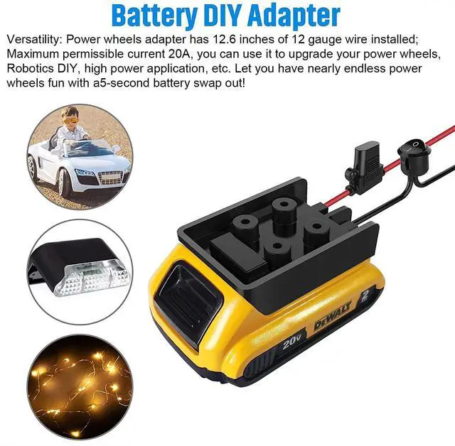 Alt view image 2 of 6 - Dewalt 20V Battery Power Wheel Adapter with Switch & Fuse | 12 gauge heavy duty wire, reliable power convertor for DIY ride on trucks, robotics, RC toys, work lights