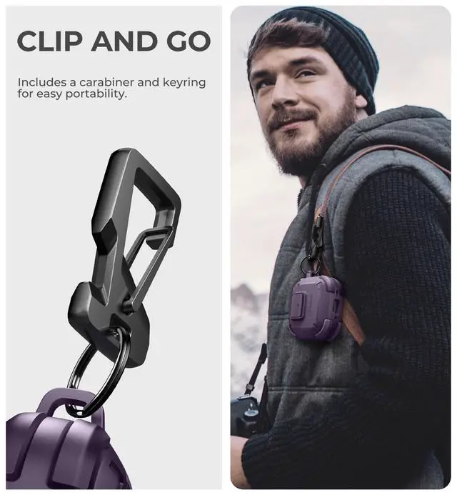 Alt view image 5 of 6 - for AirPods 4 Case with Drop-Proof Lock, Shockproof Rugged Bumper Cases Protective Cover with Carabiner & Keyring & Cleaner Kit for AirPods 4th Generation 2024 Purple