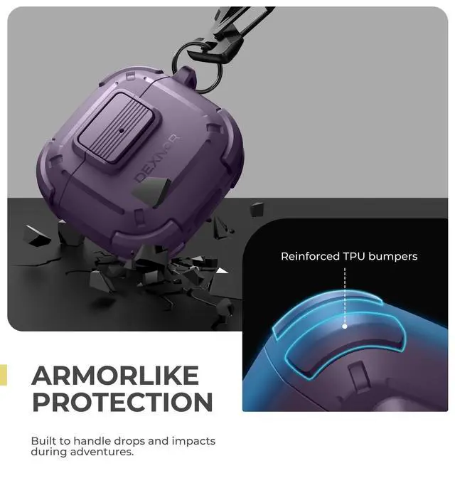Alt view image 4 of 6 - for AirPods 4 Case with Drop-Proof Lock, Shockproof Rugged Bumper Cases Protective Cover with Carabiner & Keyring & Cleaner Kit for AirPods 4th Generation 2024 Purple