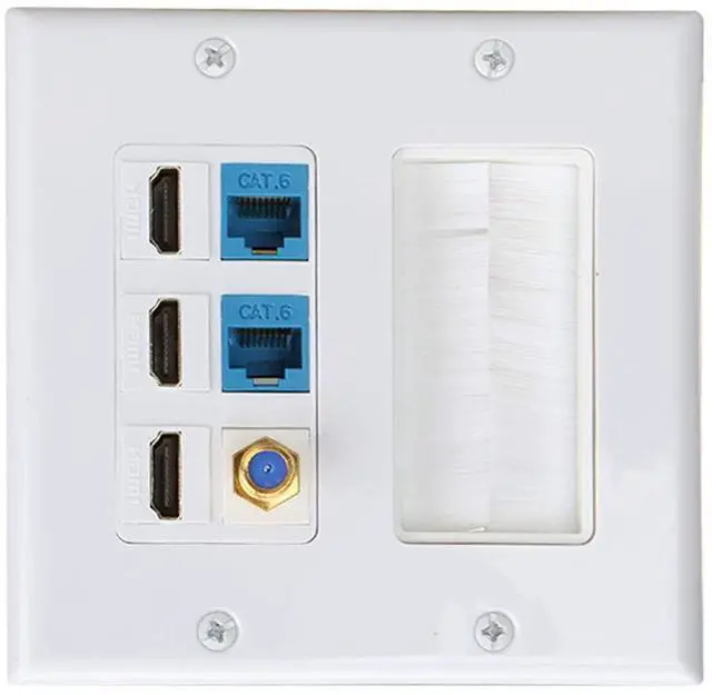 Main image of Brush Wall Plate 2gang, 3 HDMI Keystone Cat 6 Keystone Coax Cable TV F Type Wall Plate Female-Female Combination Faceplate | Cable TV F Type Wall Plate Female-Female Combination Faceplate