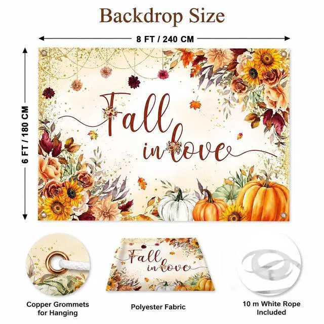 Alt view image 3 of 7 - Fall in Love Backdrop Autumn Watercolor Sunflower Floral Pumpkin Bridal Shower Photography Background Fall Wedding Engagement Anniversary Party Decorations Banner Photo Props (8x6FT)
