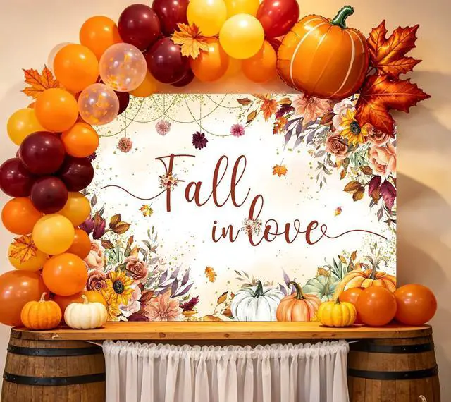 Alt view image 4 of 7 - Fall in Love Backdrop Autumn Watercolor Sunflower Floral Pumpkin Bridal Shower Photography Background Fall Wedding Engagement Anniversary Party Decorations Banner Photo Props (8x6FT)