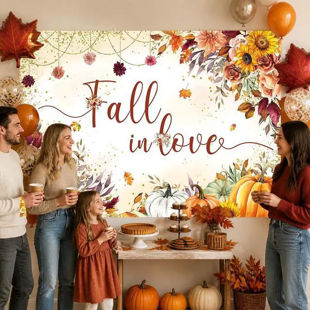 Alt view image 5 of 7 - Fall in Love Backdrop Autumn Watercolor Sunflower Floral Pumpkin Bridal Shower Photography Background Fall Wedding Engagement Anniversary Party Decorations Banner Photo Props (8x6FT)