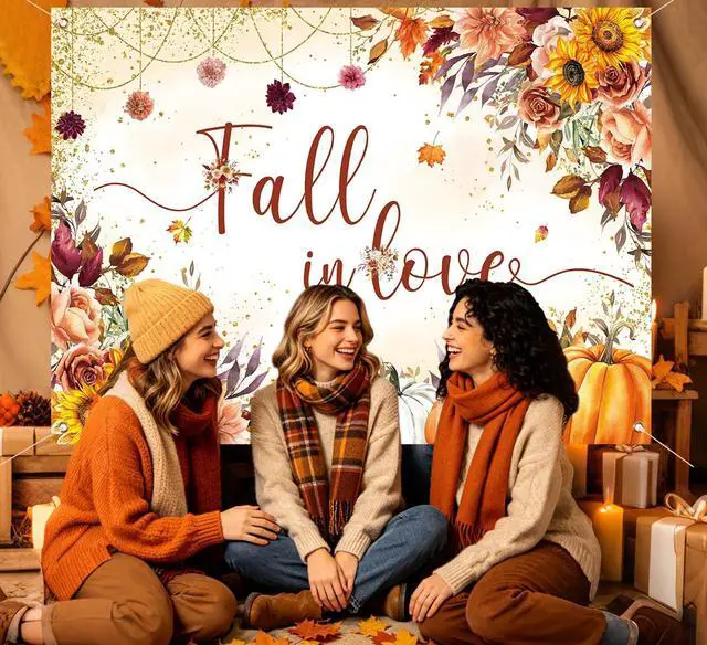 Alt view image 6 of 7 - Fall in Love Backdrop Autumn Watercolor Sunflower Floral Pumpkin Bridal Shower Photography Background Fall Wedding Engagement Anniversary Party Decorations Banner Photo Props (8x6FT)