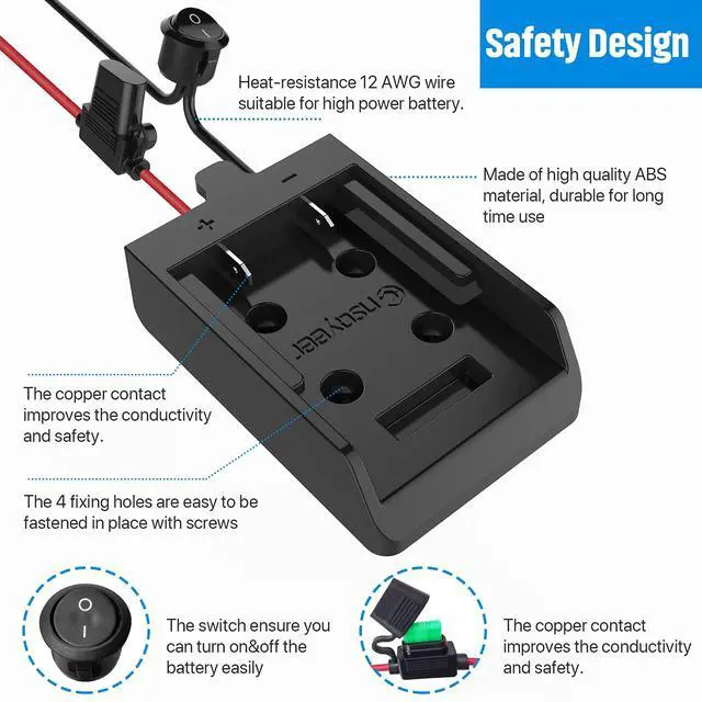 Alt view image 6 of 6 - Dewalt 20V Battery Power Wheel Adapter with Switch & Fuse | 12 gauge heavy duty wire, reliable power convertor for DIY ride on trucks, robotics, RC toys, work lights