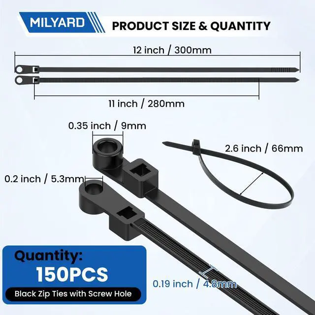 Alt view image 2 of 7 - 150 Pcs 12 inch Black Zip Ties with Screw Hole, 50LBS Plastic Ties | with Screw Holes for Automotive, Fencing & Outdoor Wire Management
