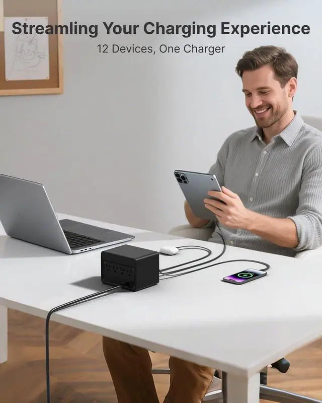 Alt view image 2 of 4 - 1 Lightning, 3 Type-C Retractable Wall Chargers with 1 USB A Port and 1 Power Strip, 12-in-1 Modular Charging Station