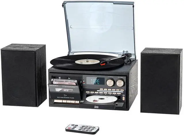Main image of 10 in 1 Record Player with Turntable Bluetooth USB SD MMC CD Cassette AM FM Radio Remote Control and Dual External Speakers