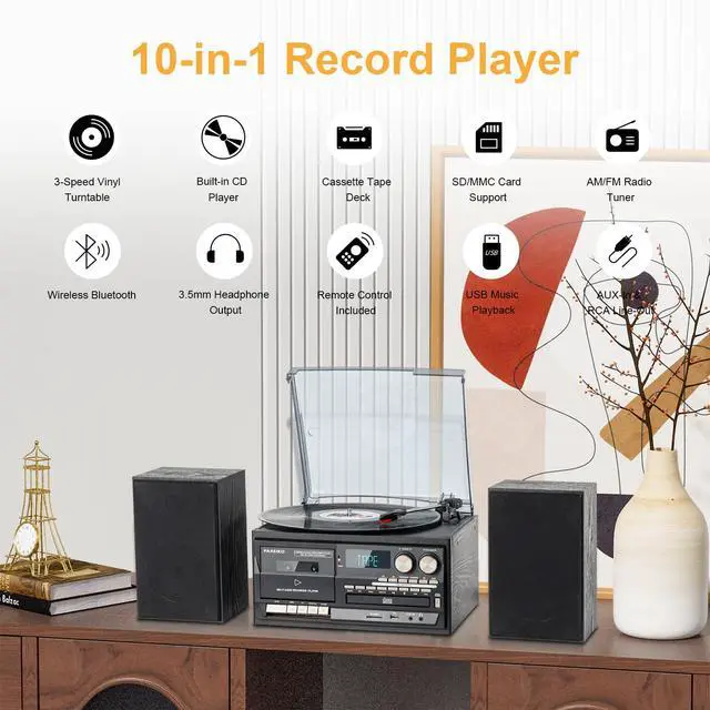 Alt view image 2 of 7 - 10 in 1 Record Player with Turntable Bluetooth USB SD MMC CD Cassette AM FM Radio Remote Control and Dual External Speakers
