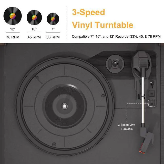 Alt view image 3 of 7 - 10 in 1 Record Player with Turntable Bluetooth USB SD MMC CD Cassette AM FM Radio Remote Control and Dual External Speakers