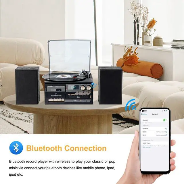 Alt view image 4 of 7 - 10 in 1 Record Player with Turntable Bluetooth USB SD MMC CD Cassette AM FM Radio Remote Control and Dual External Speakers