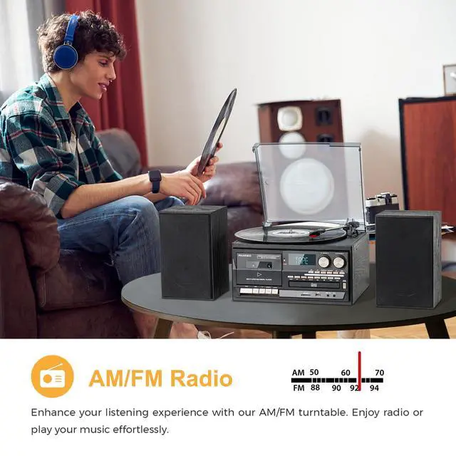 Alt view image 5 of 7 - 10 in 1 Record Player with Turntable Bluetooth USB SD MMC CD Cassette AM FM Radio Remote Control and Dual External Speakers