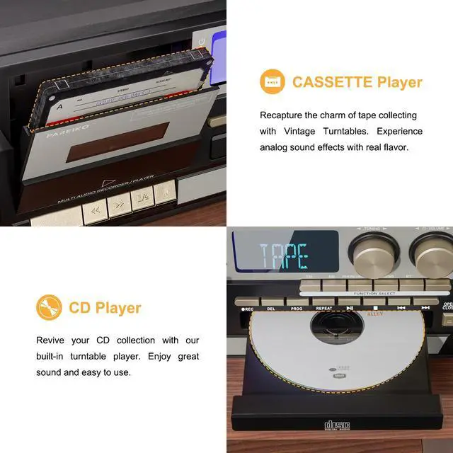 Alt view image 6 of 7 - 10 in 1 Record Player with Turntable Bluetooth USB SD MMC CD Cassette AM FM Radio Remote Control and Dual External Speakers