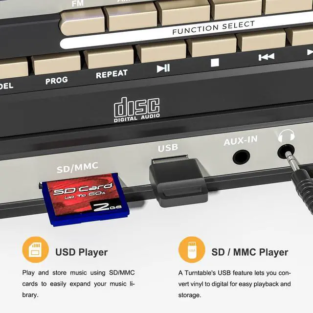 Alt view image 7 of 7 - 10 in 1 Record Player with Turntable Bluetooth USB SD MMC CD Cassette AM FM Radio Remote Control and Dual External Speakers