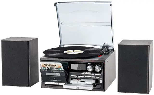 Main image of 10 in 1 Vintage Record Player with Bluetooth, 3-Speed Turntable, CD Cassette USB SD MMC Playback, AM FM Radio, Remote Control and Dual Stereo Speakers