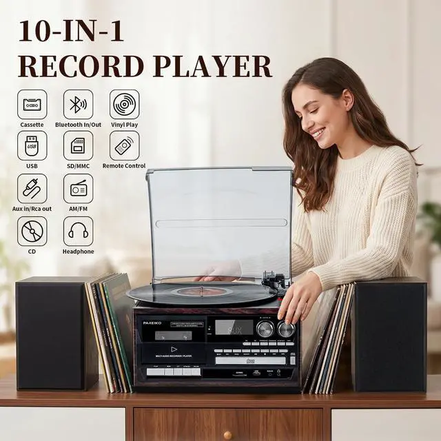Alt view image 2 of 7 - 10 in 1 Vintage Record Player with Bluetooth, 3-Speed Turntable, CD Cassette USB SD MMC Playback, AM FM Radio, Remote Control and Dual Stereo Speakers