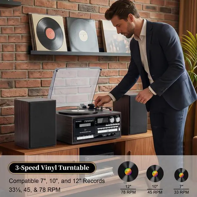 Alt view image 3 of 7 - 10 in 1 Vintage Record Player with Bluetooth, 3-Speed Turntable, CD Cassette USB SD MMC Playback, AM FM Radio, Remote Control and Dual Stereo Speakers