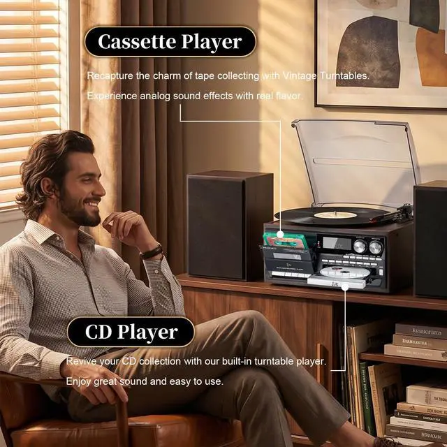 Alt view image 4 of 7 - 10 in 1 Vintage Record Player with Bluetooth, 3-Speed Turntable, CD Cassette USB SD MMC Playback, AM FM Radio, Remote Control and Dual Stereo Speakers