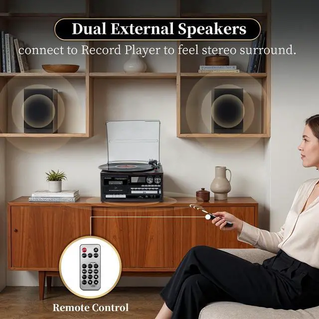 Alt view image 5 of 7 - 10 in 1 Vintage Record Player with Bluetooth, 3-Speed Turntable, CD Cassette USB SD MMC Playback, AM FM Radio, Remote Control and Dual Stereo Speakers