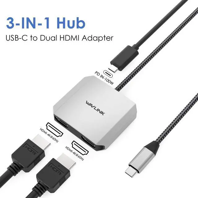Alt view image 2 of 7 - HDMI Splitter for Dual Monitors, Dual Display for Windows ONLY | 4K@60Hz Dual Display, 95W PD IN,Compatible with Dell XPS, HP Spectre, Lenovo Yoga, Windows Systerm ONLY