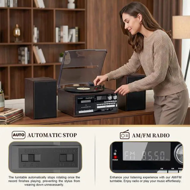 Alt view image 7 of 7 - 10 in 1 Vintage Record Player with Bluetooth, 3-Speed Turntable, CD Cassette USB SD MMC Playback, AM FM Radio, Remote Control and Dual Stereo Speakers