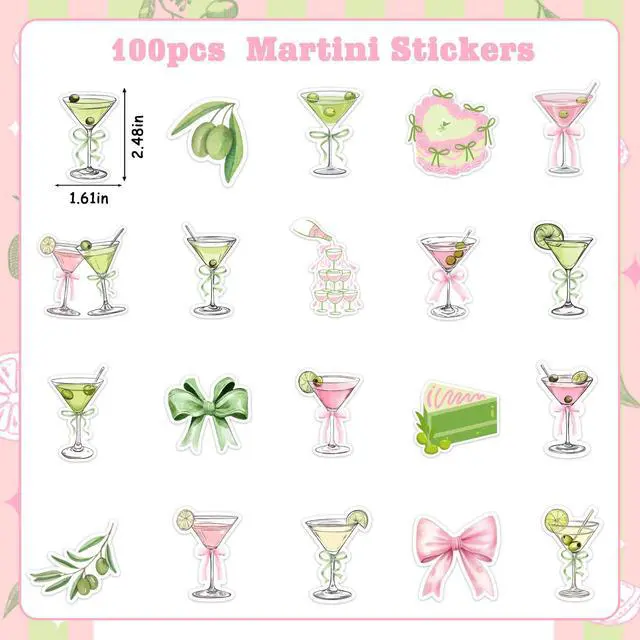 Alt view image 5 of 6 - 100pcs Martini Themed Stickers - Pink Green Cocktail Party Stickers for Water Bottles, Laptops, Skateboards, 20 Design, Martini Theme Party Favors for Birthday Bachelorette Baby Shower