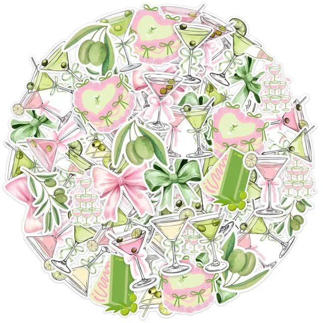 Main image of 100pcs Martini Themed Stickers - Pink Green Cocktail Party Stickers for Water Bottles, Laptops, Skateboards, 20 Design, Martini Theme Party Favors for Birthday Bachelorette Baby Shower