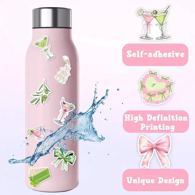 Alt view image 6 of 6 - 100pcs Martini Themed Stickers - Pink Green Cocktail Party Stickers for Water Bottles, Laptops, Skateboards, 20 Design, Martini Theme Party Favors for Birthday Bachelorette Baby Shower