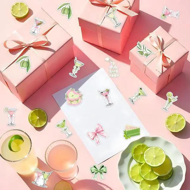 Alt view image 2 of 6 - 100pcs Martini Themed Stickers - Pink Green Cocktail Party Stickers for Water Bottles, Laptops, Skateboards, 20 Design, Martini Theme Party Favors for Birthday Bachelorette Baby Shower
