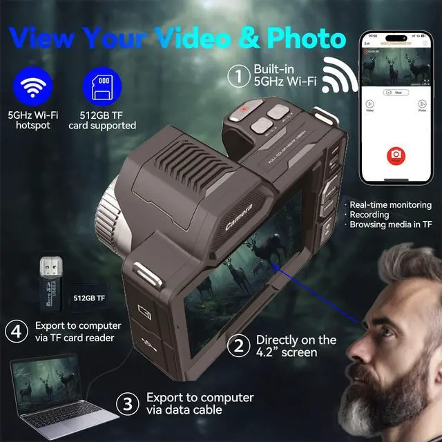Alt view image 6 of 6 - 4K Night Vision Goggles for Adults - Binoculars N007 Full Color | Full Color in Darkness, 4K Video with Sound, 40MP Photo, 4.2" OLED Screen, 64GB TF Card Included, 5GHz WI-FI, Military Grade