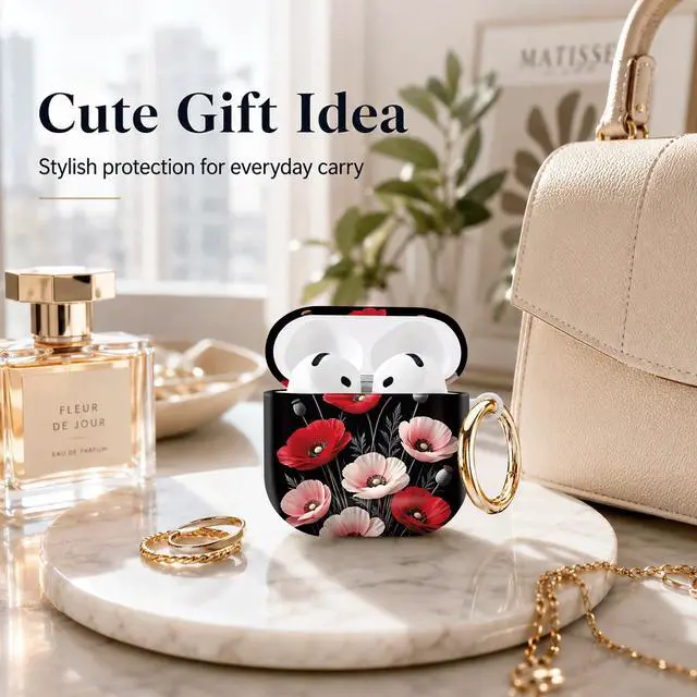 Alt view image 4 of 7 - Compatible with AirPod 4th Generation (2024), Cute Protective Cover with Keychain, TPU Anti-Drop Earbuds Case for Women and Men(Red Poppy Flower)