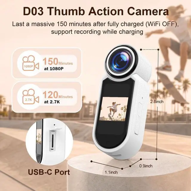 Alt view image 6 of 6 - 1080P Thumb Action Camera, WiFi Mini Body Hands-Free POV Camera Camcorder | Wearable Portable Recording, with Magnetic Pendant, for Security, Guard, Cycling, Travel, Pet Walking, Vlogging-White