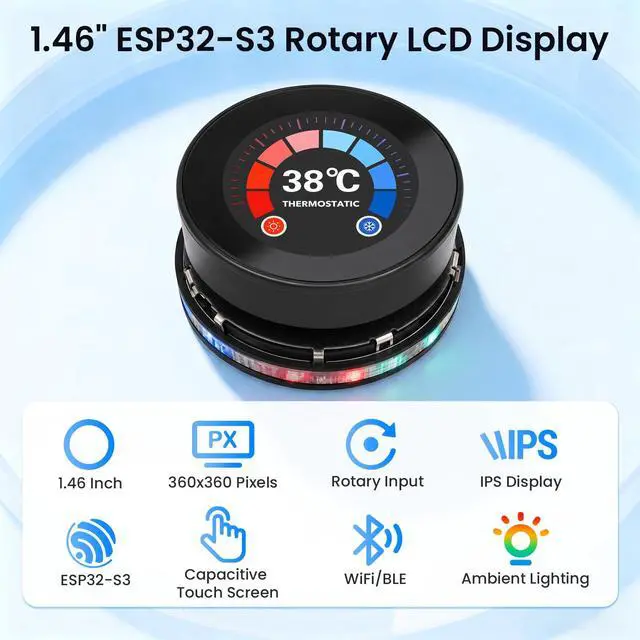 Alt view image 2 of 6 - 1.46" ESP32 Rotary Display 360x360 HMI IPS Round Knob Touch Display | 2.4G WiFi and BLE Capacitive Rotary Touch Screen Development Board Compatible with Arduino IDE and the LVGL library, Black