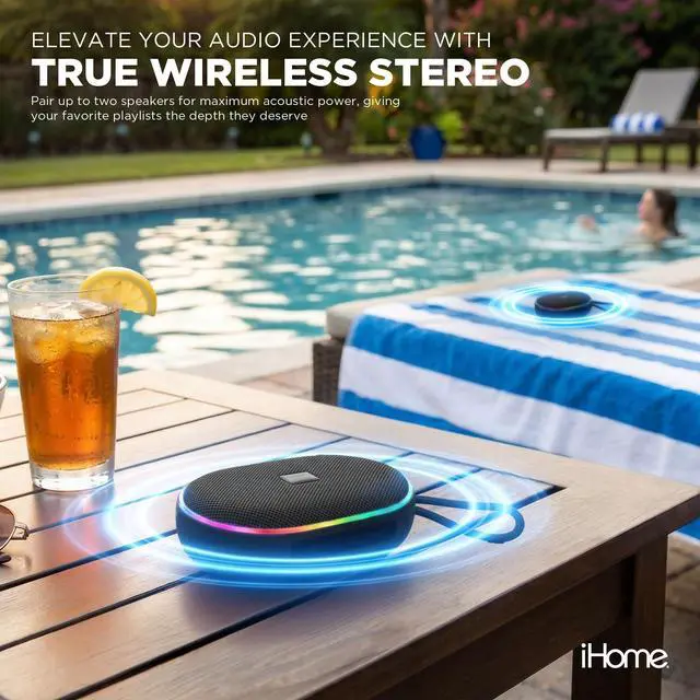 Alt view image 3 of 6 - Venture Wireless Portable Bluetooth Speaker with RGB Lights | Water Resistant, Built-in Carry Strap, TWS Pairing, Color-Changing LEDs, Rechargeable Battery, Cable Included, Bluetooth 5.3