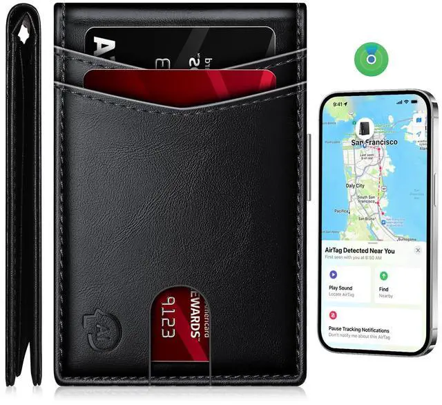 Main image of Mens Wallet with Tracker, Rechargeable Wallet Finder, Works with Find My or Bseek, Thin Design, Smart Item Locator (ONLY iOS(Black,)
