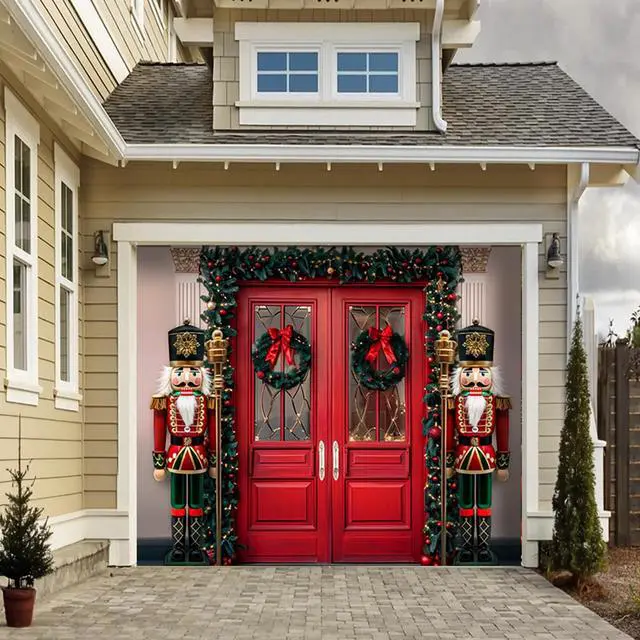 Alt view image 5 of 7 - 7 x 8 FT Christmas Garage Door Cover for Single Garage, Xmas Nutcracker Soldiers Christmas Decorations Outdoor, Garage Buddy Door Banner Backdrop for Home Wall Patio Yard Outside
