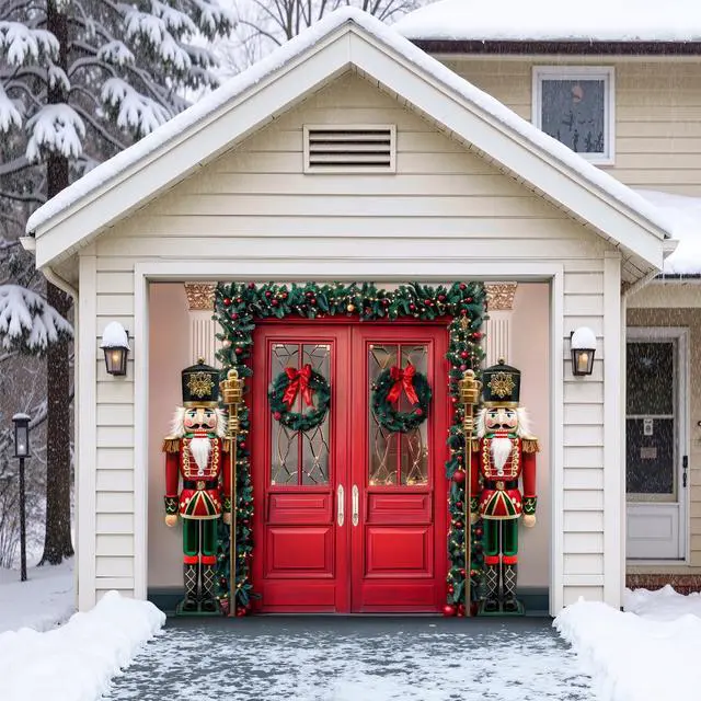 Alt view image 7 of 7 - 7 x 8 FT Christmas Garage Door Cover for Single Garage, Xmas Nutcracker Soldiers Christmas Decorations Outdoor, Garage Buddy Door Banner Backdrop for Home Wall Patio Yard Outside