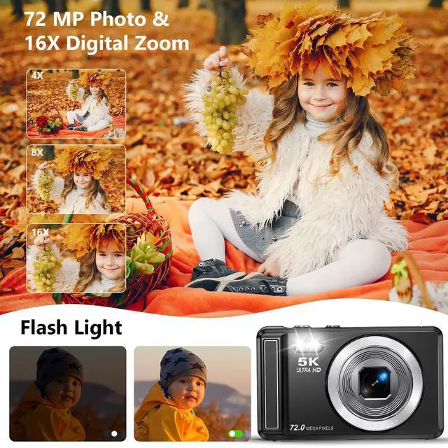 Alt view image 4 of 5 - 5K 72MP Digital Camera - with 16X Zoom Autofocus Point and Shoot Digital Camera, 2.8" Screen Compact Portable Vlogging Camara with 32GB Card for Teens Boys Girls