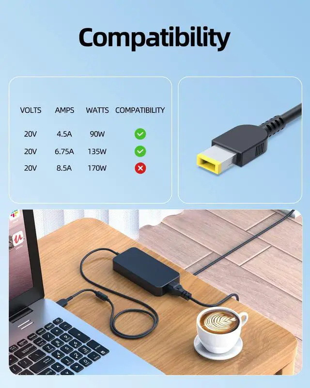Alt view image 2 of 7 - 135W AC Charger Fit for Lenovo Legion Y520 Y530 Y730 Y740 Y7000 Y7000P Y520-15IKBA Y520-15IKBM 5-15ARH05 4X20E50558 Slim Tip Laptop Adapter Power Supply