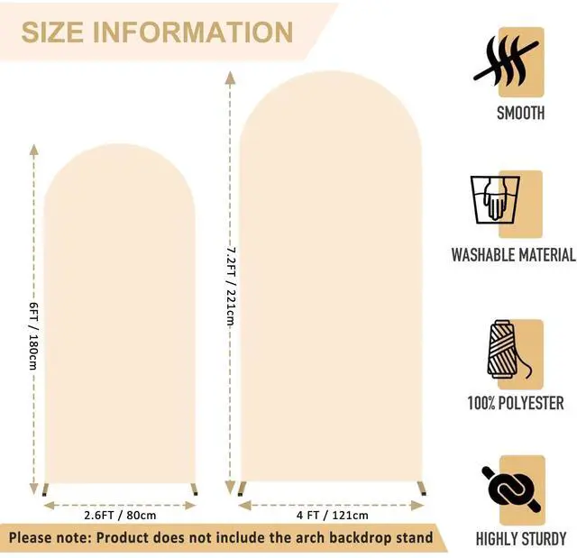 Main image of Wedding Arch Cover Set of 2 Beige Arch Stand Covers 7.2FT 6FT Spandex Fitted Arch Covers Stretchy Backdrop Round Top Balloon Arched Backdrop Cover for Birthday Party Ceremony Banquet Decor