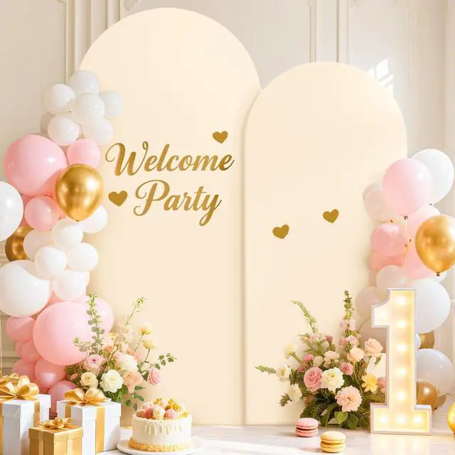 Alt view image 3 of 4 - Wedding Arch Cover Set of 2 Beige Arch Stand Covers 7.2FT 6FT Spandex Fitted Arch Covers Stretchy Backdrop Round Top Balloon Arched Backdrop Cover for Birthday Party Ceremony Banquet Decor