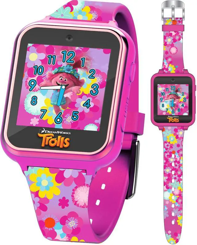 Main image of DreamWorks Trolls World Tour Kids Smartwatch with Selfie Video Camera Alarm Stopwatch Games Voice Recorder Calculator Step Calorie Counter Pink Silicone Strap Fits 5.5"-8" Wrists